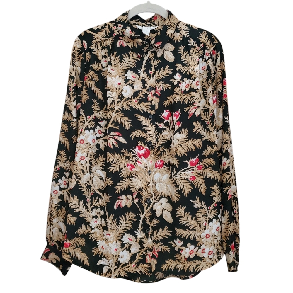 Floral Collared Lightweight Longsleeve Button Up Blouse Career Travel Layering
